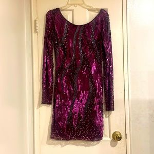 Worn Once Women's Cache Purple Sequin & Beaded Long Sleeve Dress Size 8